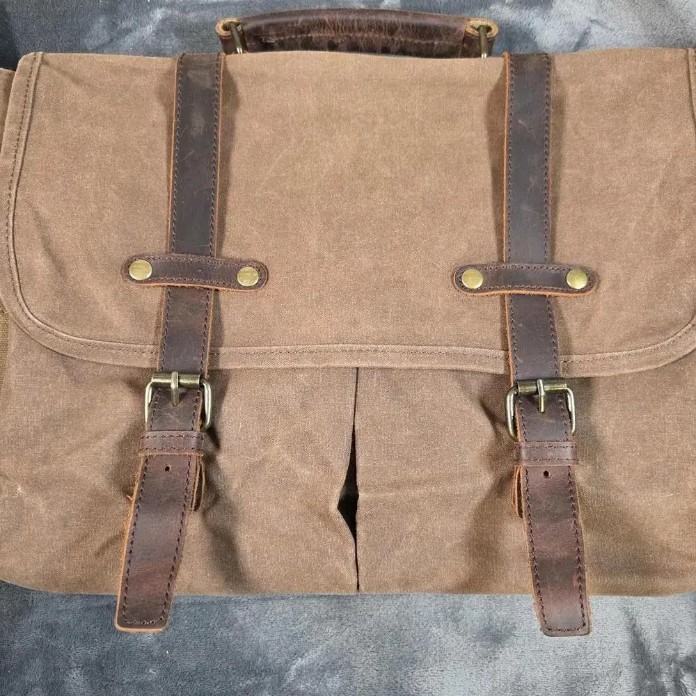 NEWHEY Messenger Bag Leather Canvas Laptop Retro Professional Shoulder Strap